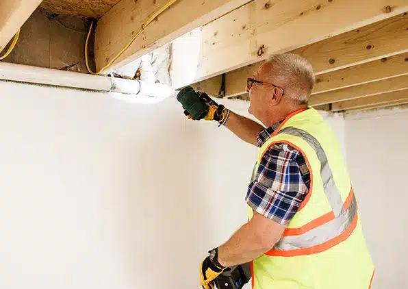 man inspecting floor joist in basement