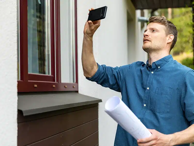 person taking picture outside of house