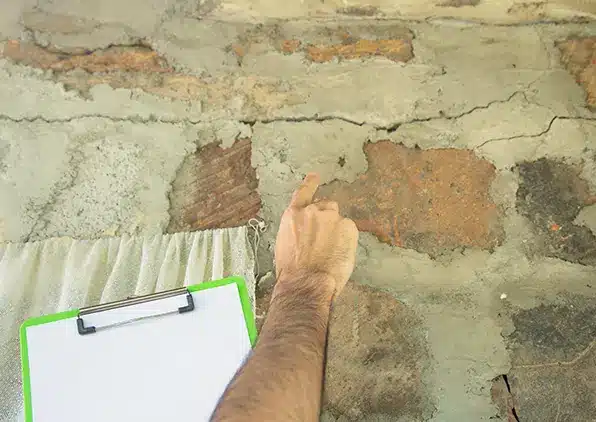 person pointing at crack in foundation